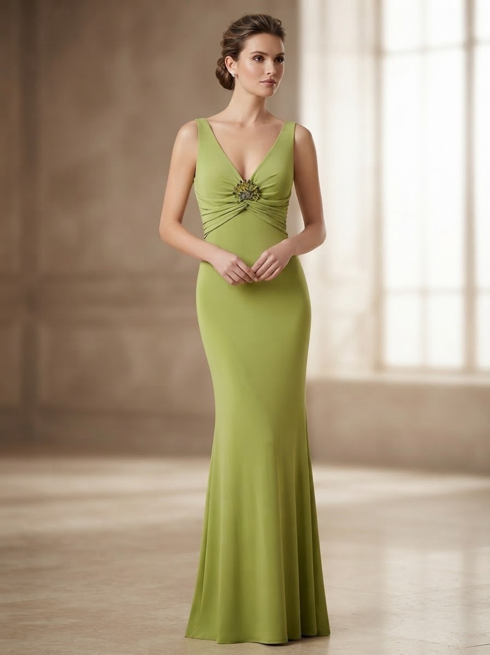 Cachet Lime Green V-Neck Ruched Maxi Gown